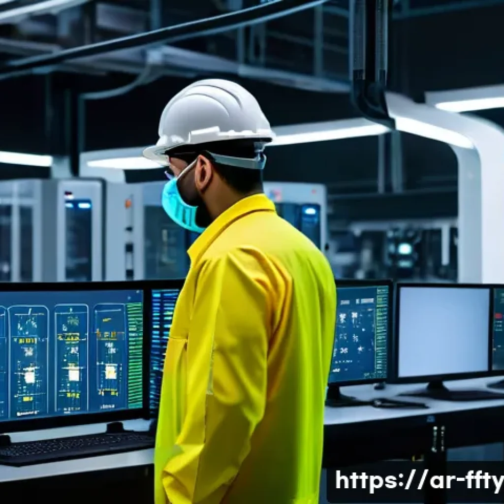 CNC 머신 보안 관리 - A highly detailed industrial factory scene showcasing advanced CNC machines connected within a secur...