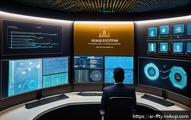 AI 기반 보안 솔루션의 효과 - A high-tech cybersecurity control room with Arabic calligraphy-inspired digital interfaces, showing ...