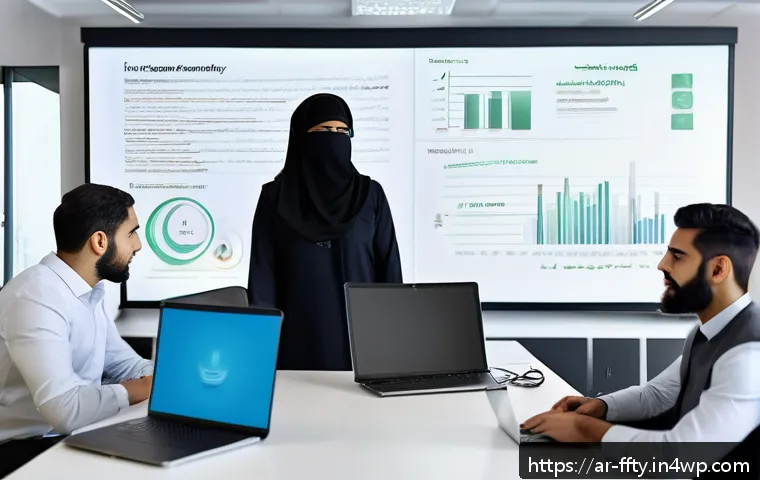 사이버 보안 인식 교육의 중요성 - A professional Middle Eastern office environment showing a diverse group of Arabic-speaking employee...