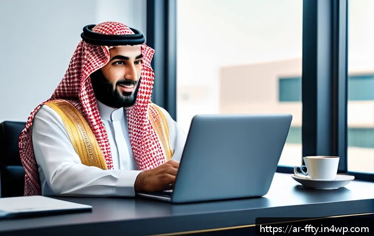 디지털 자산 보안 관리 방안 - A detailed digital illustration of an Arab man in his 30s sitting at a modern desk, surrounded by mu...