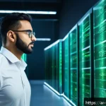 Home 23 클라우드 보안의 모범 사례 - A modern, high-tech data center with glowing servers and digital encryption symbols floating in the ...