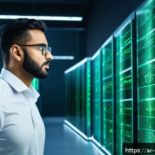 Home 17 클라우드 보안의 모범 사례 - A modern, high-tech data center with glowing servers and digital encryption symbols floating in the ...