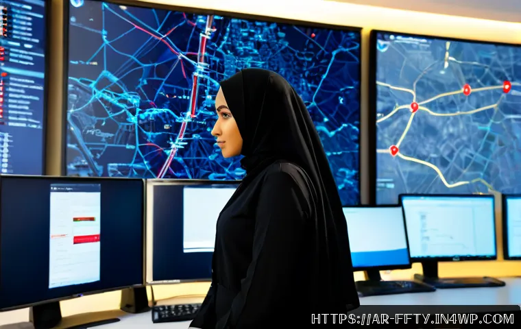 AI 기반 사이버 공격 방어 시스템 - Photorealistic cybersecurity operations center in a modern Gulf-region office, Arab female security ...