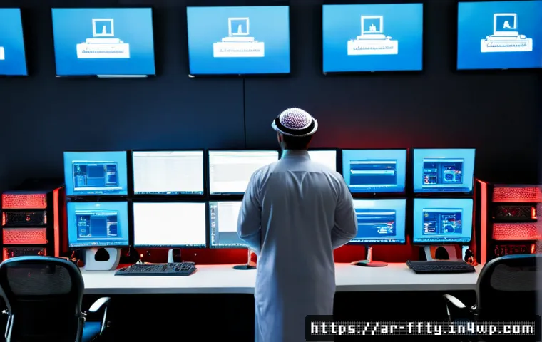 가상화 기술의 보안 리스크 - Photorealistic cybersecurity operations room in a modern Gulf-region technology company, Arab IT spe...