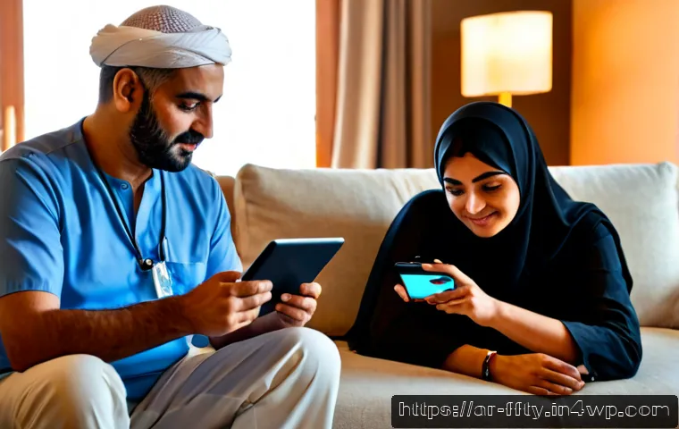 IoT 기반 헬스케어 보안 대책 - Photorealistic Arab family living room in a modern Middle Eastern home, an older man wearing a simpl...